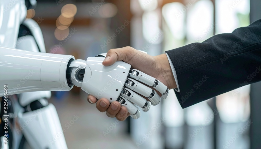 Poster human and robot handshaking. a symbolic representation of collaboration and innovation in the age of