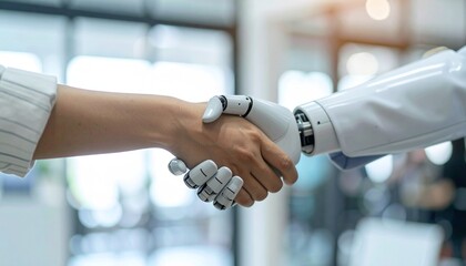Human and robot shaking hands, symbolizing collaboration and technological advancement