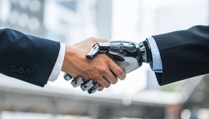 Robot hand in a handshake with a human hand, symbolizing technology and business cooperation. This image captures the essence of teamwork between human and machine in a modern business setting.