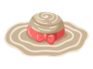 Wide straw beach summer hat with light red ribbon. Cartoon vector illustration on white background