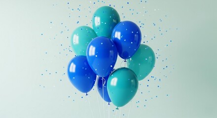 A cluster of blue and teal balloons against a light background, sprinkled with confetti, creating a festive atmosphere.
