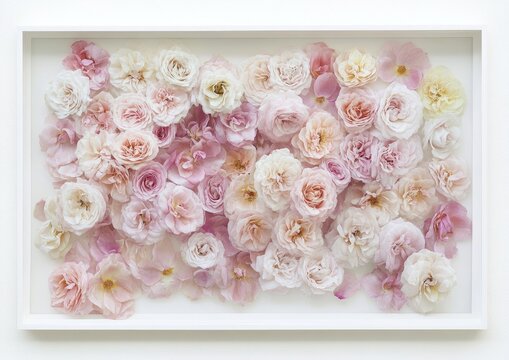 A white frame encloses a dense arrangement of pale pink and peach roses and petals, creating a delicate, floral composition