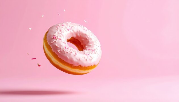 Close-up of a delicious sugar-glazed donut with pink frosting and sprinkles flying in mid-air against a pastel pink background, highlighting sweet bakery treat and food photography - Powered by Adobe