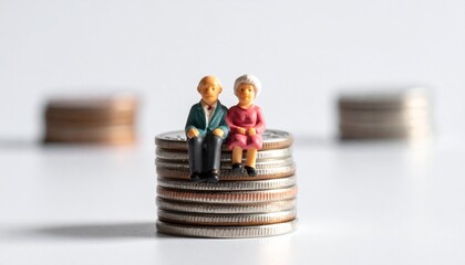 A miniature elderly couple sitting atop a stack of coins, symbolizing financial security and retirement planning. The image conveys a sense of planning for the future, wealth.