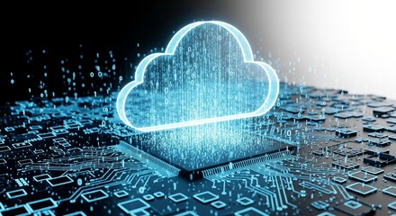 A glowing blue cloud icon above a circuit board, with digital data flowing like rain, symbolizing cloud computing and data storage.