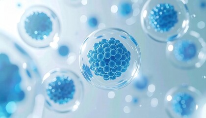 Highly detailed close-up illustration of blue spherical virus particles floating in a scientific laboratory environment with a blurred background and soft lighting