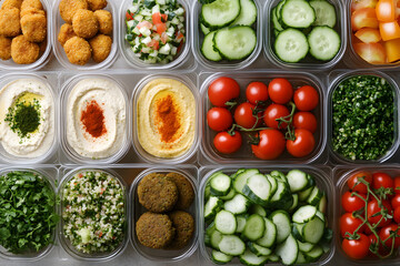 Flatlay of  glass containers filled with different healthy meals on a white surface with labels and space between.