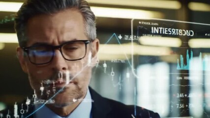 Businessman analyses profitability of working companies with digital augmented reality graphics, positive indicators, businessman calculates financial data for long-term investments. - Powered by Adobe