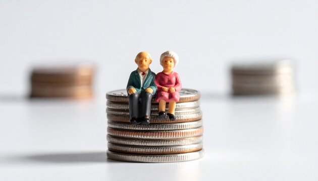 A miniature elderly couple sitting atop a stack of coins, symbolizing financial security and retirement planning. The image conveys a sense of planning for the future, wealth.