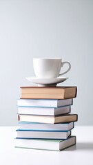 Naklejka premium Tall stack of colorful hardcover books with a white ceramic coffee cup and saucer on top, set against a plain light gray background for a minimalist academic or reading scene