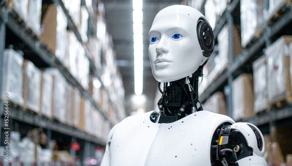 Poster a futuristic humanoid robot in a warehouse, surrounded by storage boxes. the robot has a modern and 