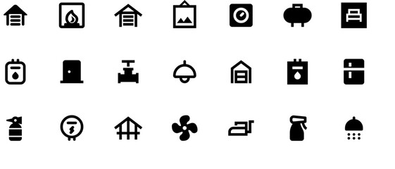 Black vector icons set for home comfort and appliances including water sprayer, house, air conditioner, range hood, hot pipe, cloud utility, calendar, and ironing machine on white background.