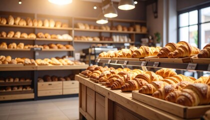 Wide-angle view of a modern bakery showcasing multiple shelves filled with fresh baked bread and pastries in a bright, welcoming environment with natural daylight streaming through large
