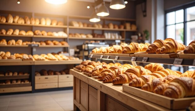 Wide-angle view of a modern bakery showcasing multiple shelves filled with fresh baked bread and pastries in a bright, welcoming environment with natural daylight streaming through large