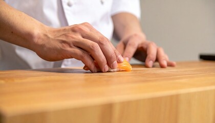 A chef meticulously preparing a small salmon piece on a wooden surface, demonstrating skill and precision