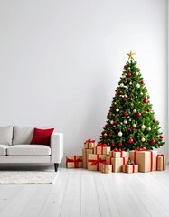Elegant decorated Christmas tree with colorful ornaments and star on top surrounded by wrapped gifts in a modern minimalistic living room with white walls and a cozy couch