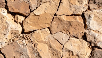 Fototapeta premium Close-up view of a rugged textured stone wall showing detailed natural uneven surface with warm earthy tones and diverse shapes perfect for landscaping or artistic design shots