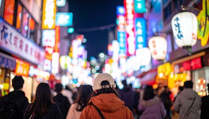 Obraz premium A bustling night scene of people walking through a vibrant street lined with colorful neon signs. Capturing the energy and excitement of urban life.