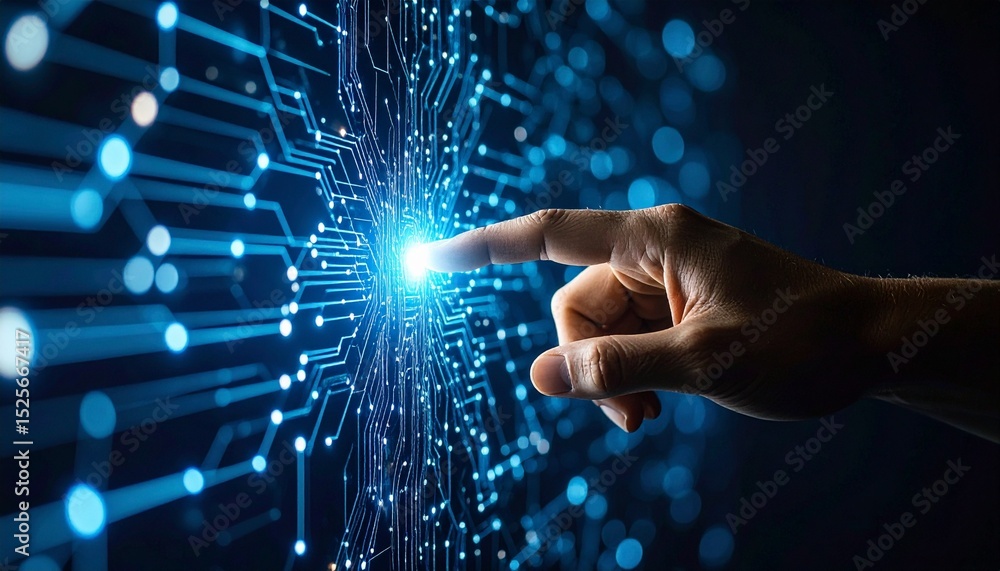 Poster hand touching a digital interface, representing technological innovation and progress