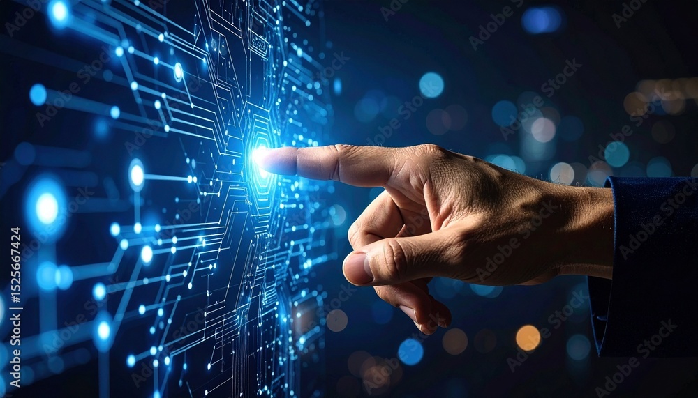 Poster hand interacting with a digital interface and circuit board, symbolizing technological advancement