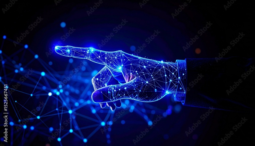 Poster digitized hand pointing in cyberspace with light nodes connected together