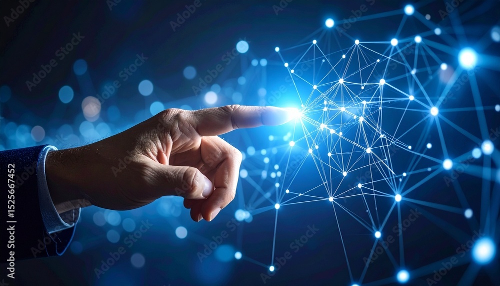 Poster a hand interacting with a digital network and connection