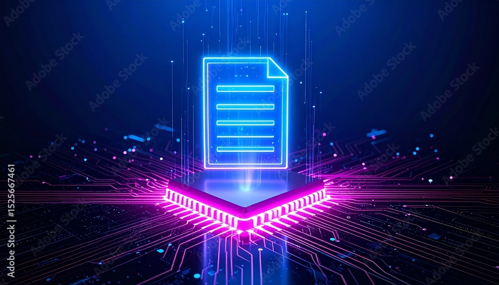 Poster digital document on circuit board with glowing neon