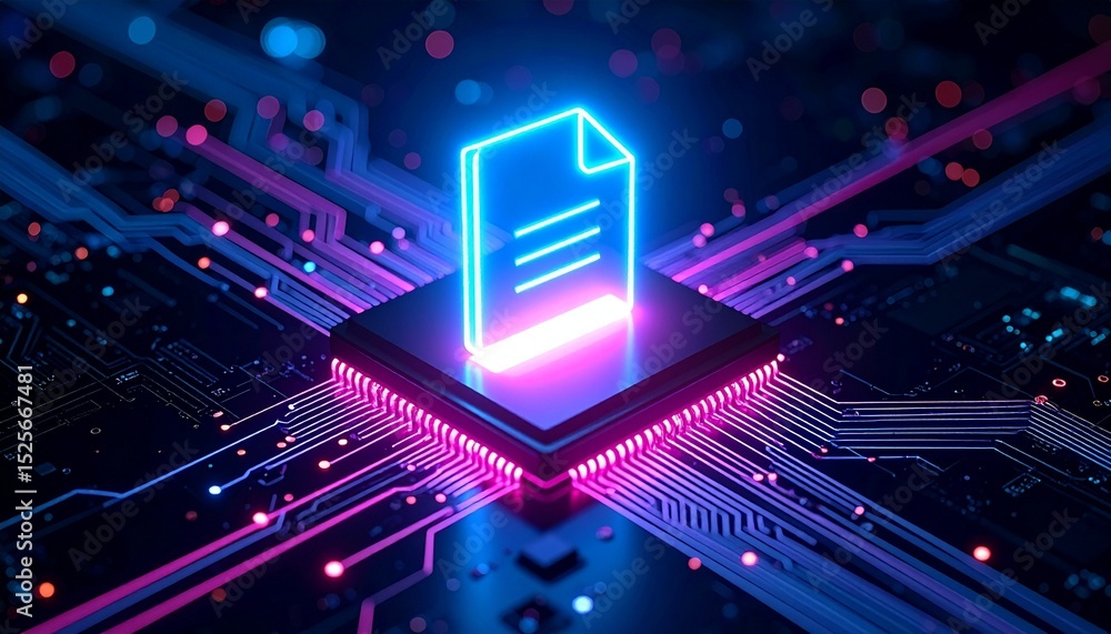 Poster a digital document in a technological circuit, illustrating digital security and cloud technology