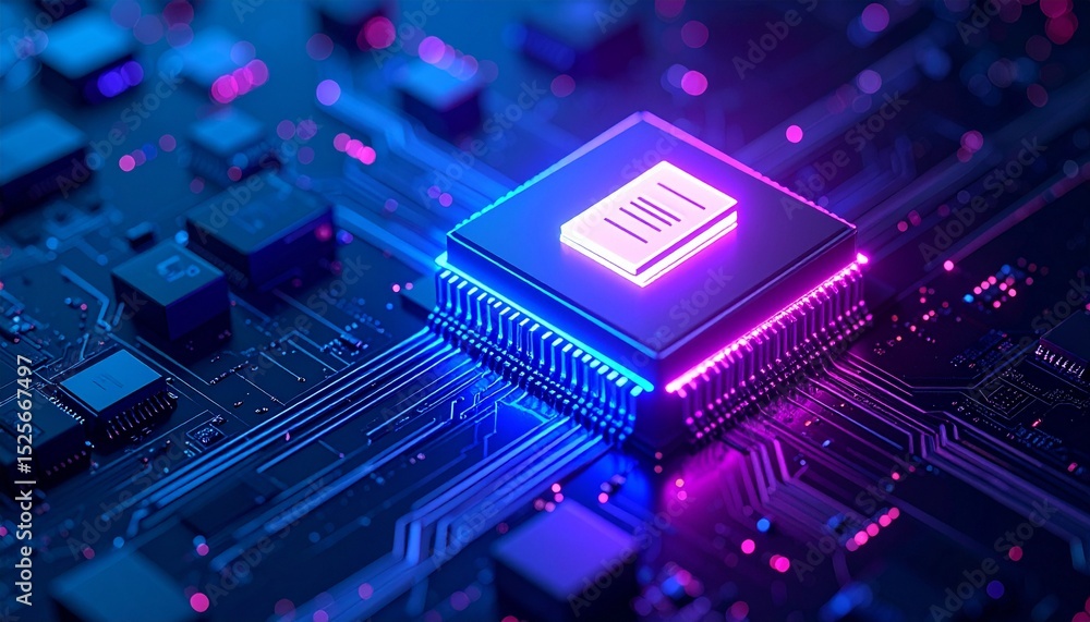 Poster a close-up view of a computer chip with a neon light. this image showcases the technological advance