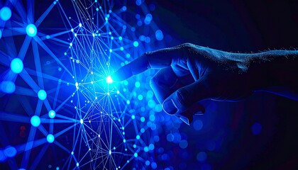 Hand interacting with a futuristic digital network, representing technological advancement. The hand touches a glowing node, highlighting connection and innovation.