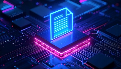 A futuristic digital document icon with intricate circuits and glowing lights, illustrating data storage and processing