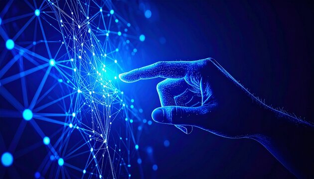 Digital interaction and touch on connected network of data. The image depicts a hand interacting with a digital representation of a network