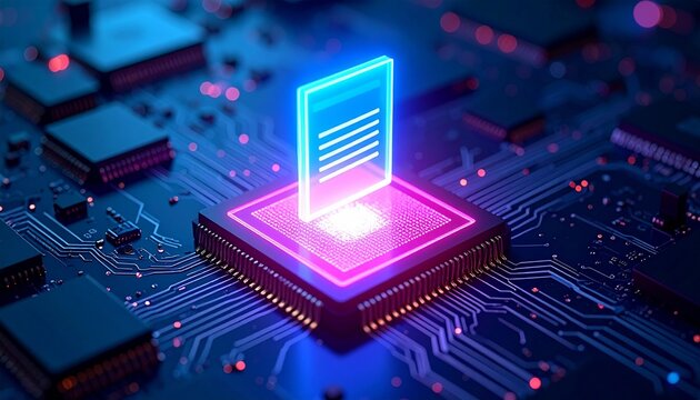 Abstract glowing digital document on a computer microchip, representing technology and information