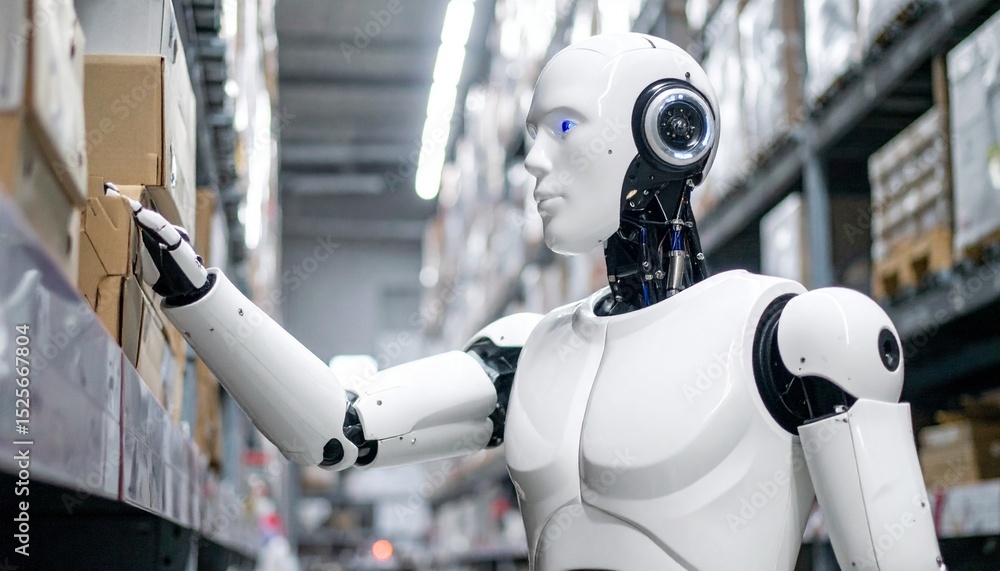 Poster a futuristic robot in a warehouse, interacting with the inventory. the robot is designed to be effic
