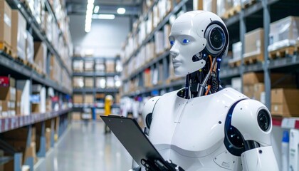 An artificial intelligence robot operating in a warehouse environment, with a tablet in hand, examining the goods. The robot is designed for efficiency, automating storage and shipping processes. 