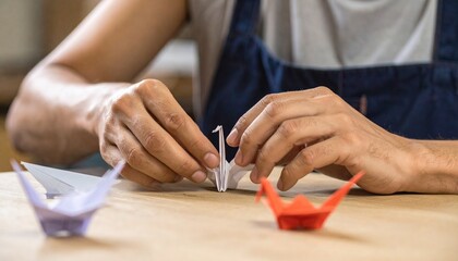 Close-up of hands folding a paper crane, showcasing the artistry and precision of origami. The image captures the moment of creation, with other origami models in the background