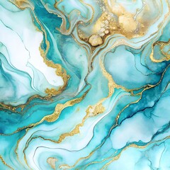 Aqua Blue and Teal Watercolor Marble with Gold Streaks