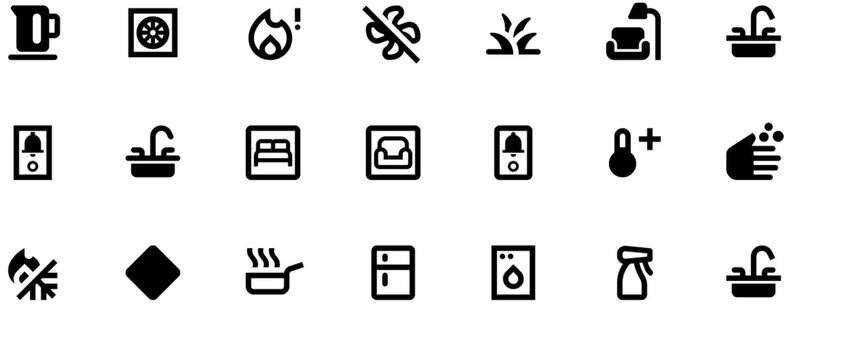 Simple black vector icons for iPhone apps, bathroom accessories, and tech symbols on white background, clean 2D design with high resolution and sharp contrast