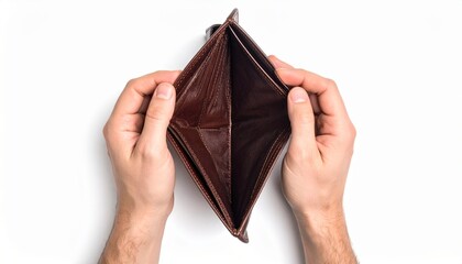 A person holding an empty wallet symbolizing financial difficulties or lack of money