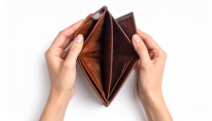 Hands holding an empty wallet, symbolizing financial struggles and lack of money