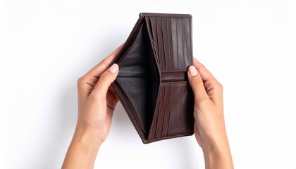 An empty wallet held by a person's hands, depicting financial difficulties or economic woes
