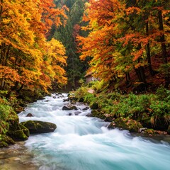 Serene flowing mountain river surrounded by vibrant autumn trees in a dense forest with colorful foliage and scenic landscape du fall season, nature tranquility scene