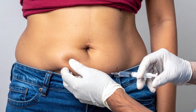 Mesotherapy treatment, fat reduction injection, body contouring, non-surgical procedure, aesthetic medicine, medical treatment, injection, syringe, skin, abdomen, waist, body, health, wellness.