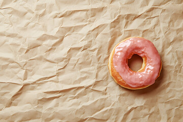 Single donut with light icing on plain kraft paper over neutral surface ideal with empty space for text and minimalist branding. Dessert and food marketing