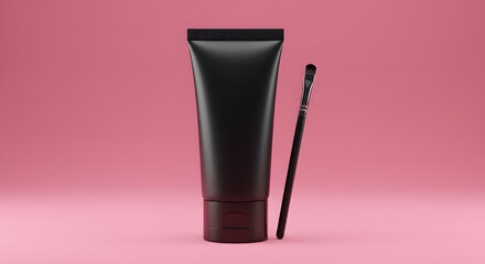 Black Cosmetic Tube Mockup with Brush on Pink Background