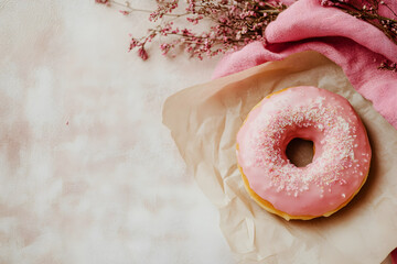 Single donut with light icing on plain kraft paper over neutral surface ideal for fun, minimalist branding. Dessert and food marketing