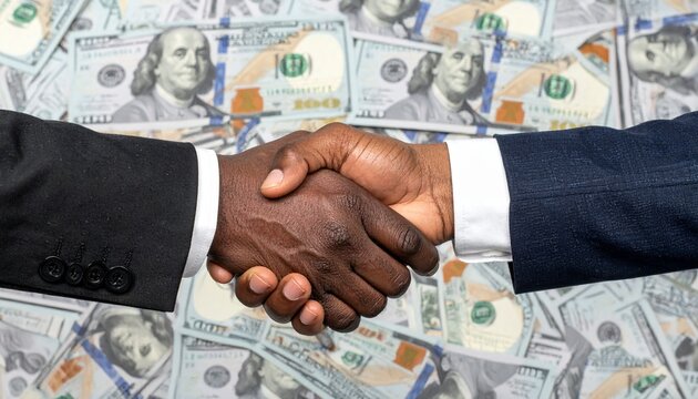 Business handshake agreement over a background of money