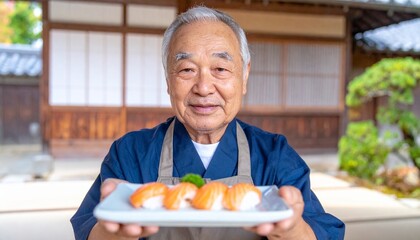 A chef in a blue shirt and apron is smiling, presenting a plate of sushi with salmon. It is captured indoors, near a traditional Japanese house, a serene, traditional atmosphere