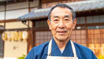 A Japanese man stands smiling in front of a traditional building. He wears a kimono and apron, exuding warmth and welcome.