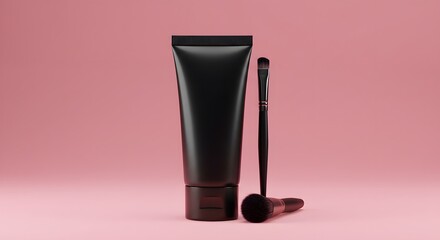 Cosmetic Tube Mockup with Brush on Pink Background - Skincare, Beauty Product Packaging